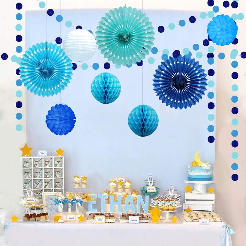 Decor365 Blue Birthday Party Decorations Kit Paper Fans Pom Poms Circle Dot Garlands Ocean Theme Hanging Decor Under the Sea Beach Baby Shower Wedding Classroom Summer Anniversary Kids Room - Image 2